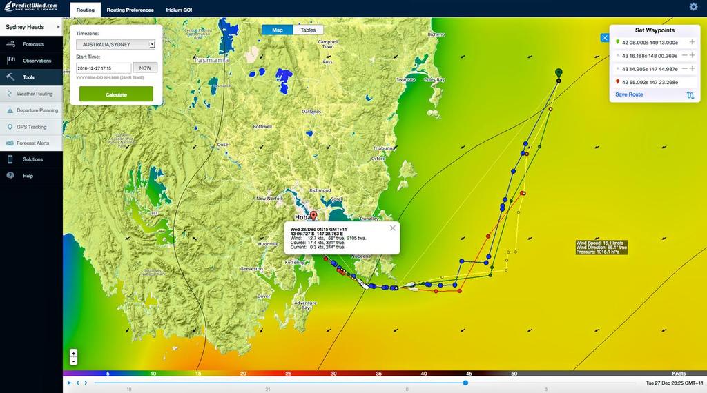 Optimised course for Perpetual Loyal - from positions as at 16.50hrs local time on December 27, 2016 - recommending that their course to be well to the east instead of taking the usual inshore option. © PredictWind